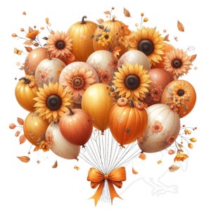 Puede incluir: Un arreglo festivo de globos, calabazas y girasoles en tonos naranja, amarillo y crema. Los globos están adornados con diseños florales, y las calabazas varían en tamaño. Un gran lazo naranja asegura el arreglo.