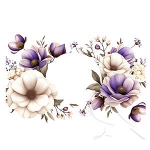 May include: A floral arrangement featuring white and purple flowers. The blooms are arranged in a circle against a white backdrop. The flowers are in full bloom and have a delicate, feminine appearance.