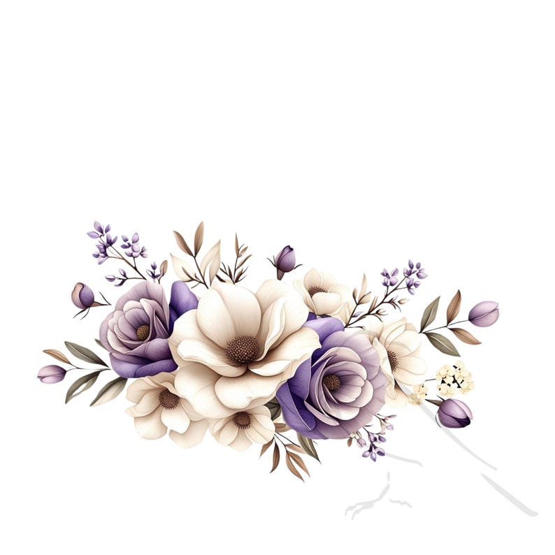 May include: A bouquet of white and purple flowers with green leaves. The flowers are arranged in a loose, flowing style, and the leaves are scattered throughout the bouquet.