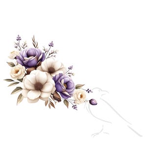 May include: A bouquet of white and purple flowers with a white outline of a bird in the background.