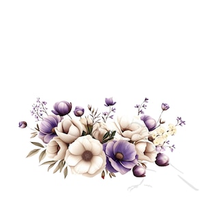 May include: A bouquet of white and purple flowers with green leaves. The flowers are arranged in a loose, natural style.
