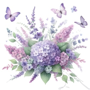 Aquarelle de fleurs, fleurs violettes, clipart bouquet, floral violet, PNG de haute qualité, usage commercial, lot de 17 fichiers PNG de haute qualité