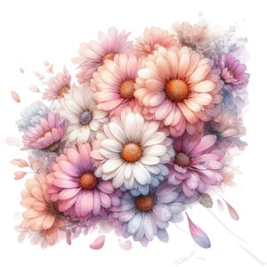 Blumen Clipart, Frühlings Gänseblümchen Aquarell Blumen PNG Set - 18 Pastell Blumenmuster, transparente Hintergründe für das Basteln & DIY-Projekte