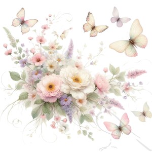 May include: A watercolor painting of a bouquet of pink and white flowers with delicate green leaves and butterflies. The flowers are arranged in a loose, natural style, and the butterflies are fluttering around them.
