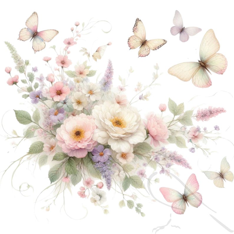 May include: A watercolor painting of a bouquet of pink and white flowers with delicate green leaves and butterflies. The flowers are arranged in a loose, natural style, and the butterflies are fluttering around them.