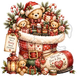 Op de afbeelding: Een grote kerstkous gevuld met drie teddyberen, een speelgoedtrein en ingepakte cadeautjes. De kous heeft een rood-wit ruitpatroon, een gesp en de tekst Wishing You a Beary Merry Christmas en Filled with Love & Joy.