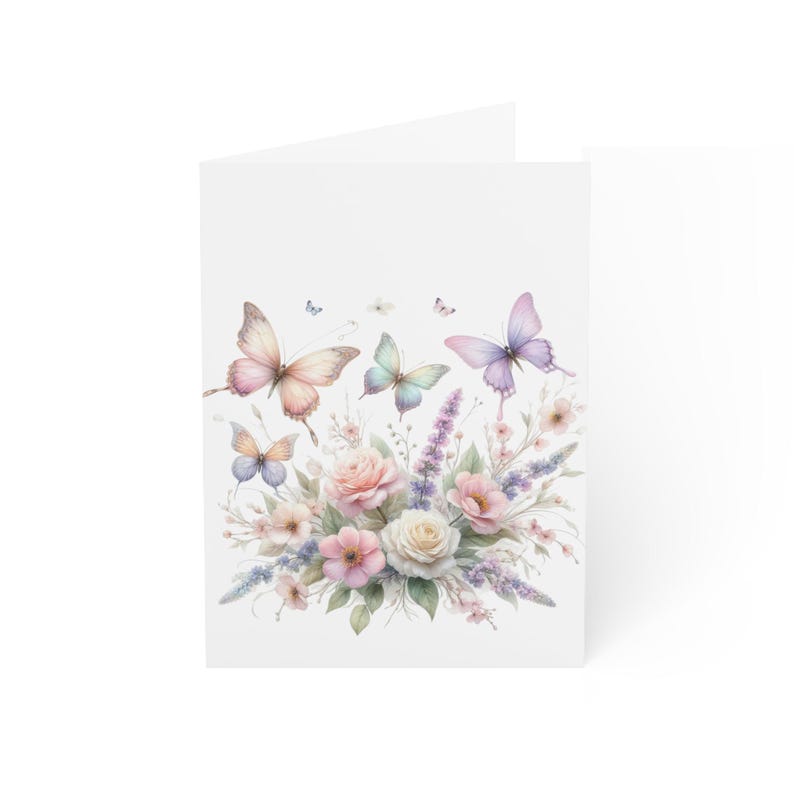 May include: A watercolor painting of a bouquet of pink and white flowers with butterflies flying around them. The flowers are surrounded by green leaves and stems.
