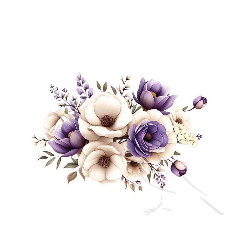 May include: A bouquet of white and purple flowers with green leaves. The flowers are arranged in a loose, natural style.