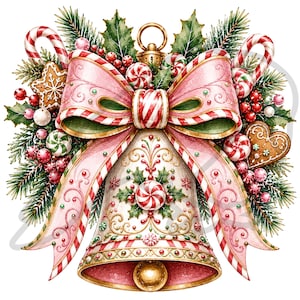 Puede incluir: Una ilustración decorativa de campana navideña con un gran lazo a rayas rosas y blancas, rodeada de ramas de pino verdes, bayas rojas, caramelos de menta y galletas de jengibre. La campana tiene detalles intrincados en dorado y rosa.