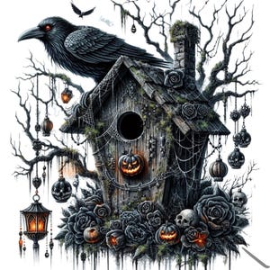 Halloween Clipart, Gothic Halloween PNG images,  Raven Bird Clipart set of 12 Transparent Birdhouse Clipart