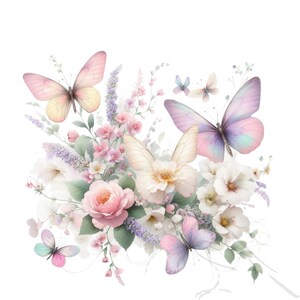May include: A watercolor painting of a bouquet of pink and purple flowers with butterflies. The butterflies are in various shades of pink, purple, and blue.