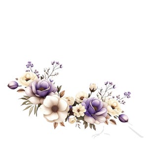 May include: A watercolour illustration of a bouquet of purple and white flowers with green leaves. The flowers are arranged in a semi-circular shape.