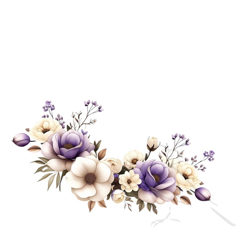 May include: A watercolour illustration of a bouquet of purple and white flowers with green leaves. The flowers are arranged in a semi-circular shape.