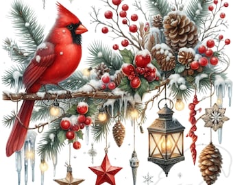 Christmas Cardinal Clipart PNG: Holiday Tree Designs (Set of 16)