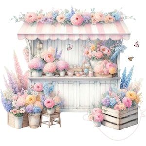 Bloemen clipart, bloemenkraam clipart, bloemenmarkt, tuinstandaard, set van 19 transparant png