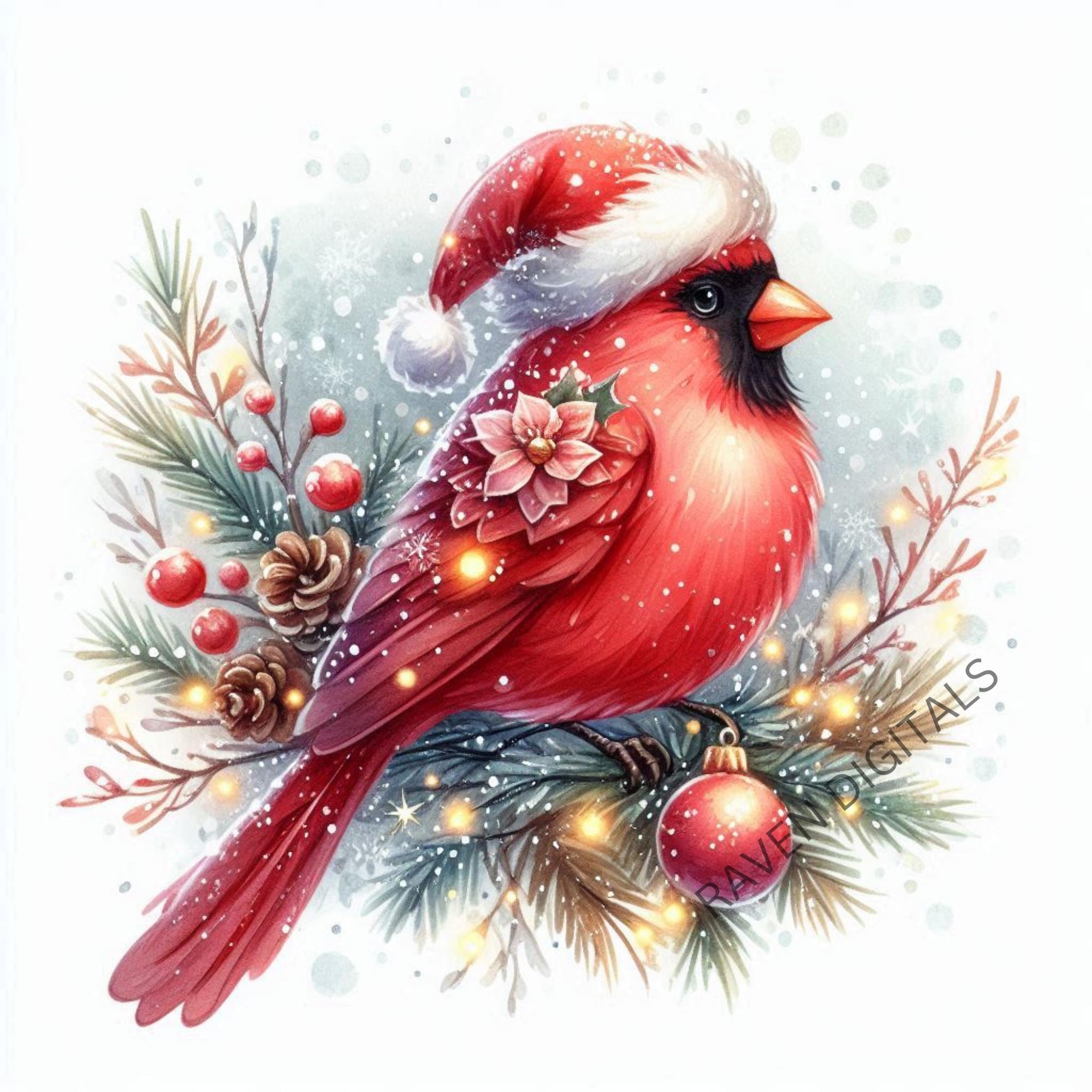 Whimsy Cardinal Vector Red Cardinal Christmas Clip Art, Whimsical Watercolor PNG Bundle 40 ...
