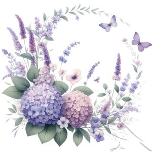 Kwiaty akwarelowe, fioletowe kwiaty, bukiet clipart, fioletowa ramka kwiatowa, wysokiej jakości PNG, zastosowanie komercyjne, zestaw 19 wysokiej jakości PNG