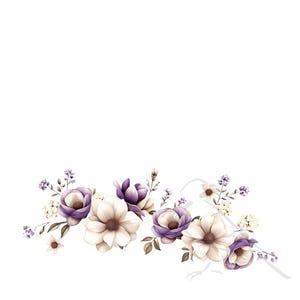 May include: A floral arrangement featuring white and purple flowers. The flowers are arranged in a row and are surrounded by green leaves.