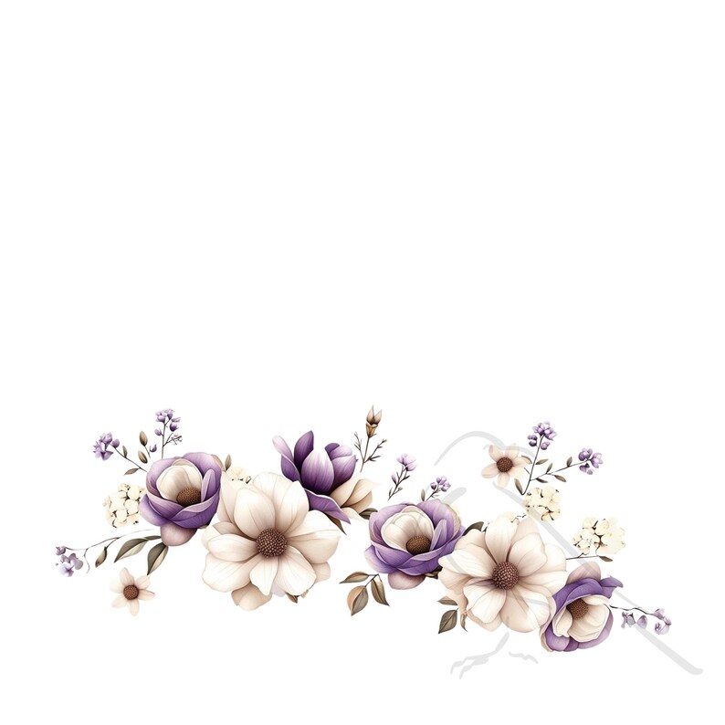 May include: A floral arrangement featuring white and purple flowers. The flowers are arranged in a row and are surrounded by green leaves.