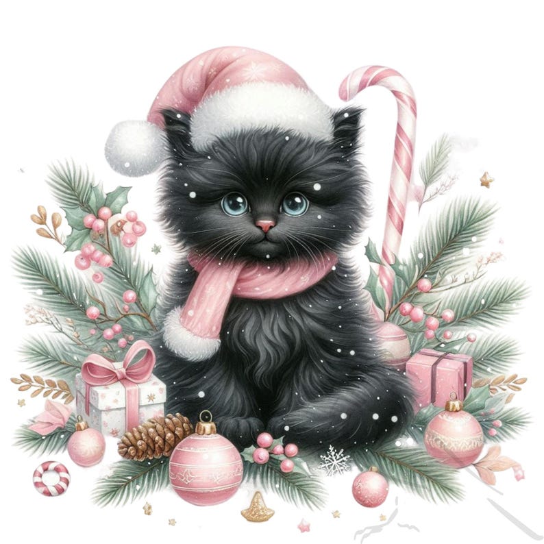 Peut inclure: Illustration numérique d'un chat noir portant un bonnet et une écharpe roses de Père Noël, entouré de décorations de Noël. Le chat a les yeux bleus et est entouré de branches de pin, de boules et d'un sucre d'orge. Des flocons de neige tombent.