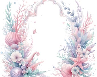 Pastel Mermaid Clipart: Undersea Frame, Sea Animals (PNG, Digital Download)