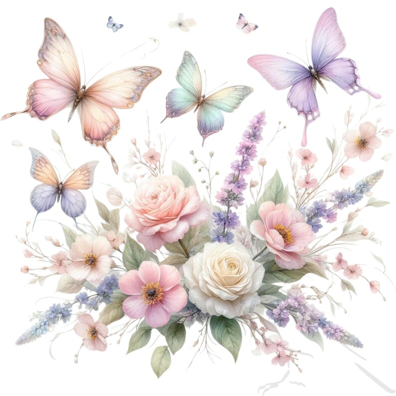 May include: A watercolor painting of a bouquet of pink, white, and lavender flowers with butterflies. The butterflies are in various shades of purple, blue, and pink.