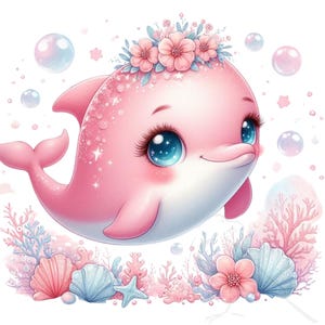 Könnte beinhalten: Eine bezaubernde rosa Delfin-Illustration mit großen blauen Augen, geschmückt mit einem Blumenkranz. Blasen schweben um den Delfin herum, und Korallen und Muscheln befinden sich am unteren Rand. Der Delfin hat einen süßen Ausdruck und ist von einer weichen, pastellfarbenen Farbpalette umgeben.