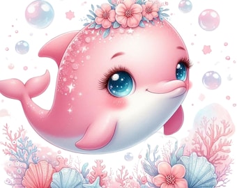 Pink Dolphin -  Under the sea - Png - Instant Download - Kids clipart - Transparent backgrounds set of 15