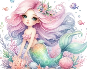 Zeemeermin clipart - Under the Sea - png - direct downloaden - kinderen clipart - transparante achtergronden set van 16