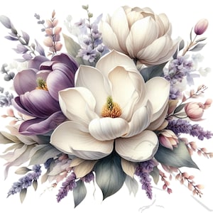 Kwiaty akwarelowe, fioletowe kwiaty, bukiet clipart, fioletowe kwiaty, wysokiej jakości PNG, zastosowanie komercyjne, zestaw 23 wysokiej jakości PNG