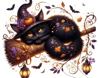 Halloween svart katt clipart: PNG-bilder, häxkattset (digital nedladdning)