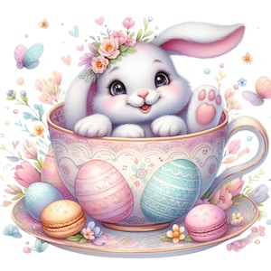 Ensemble de 40 cliparts PNG joyeux lapin de Pâques | Tasse à thé Bunny Transparente de haute qualité pour usage commercial
