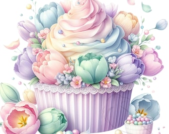 Könnte beinhalten: Ein pastellrosa und weißer Cupcake mit einem Strudel aus Frosting ist von einem Strauß pastellrosa, lila und grüner Tulpen umgeben. Der Cupcake befindet sich in einer weißen Cupcake-Form und hat einen weißen Spitzenrand um die Oberseite.