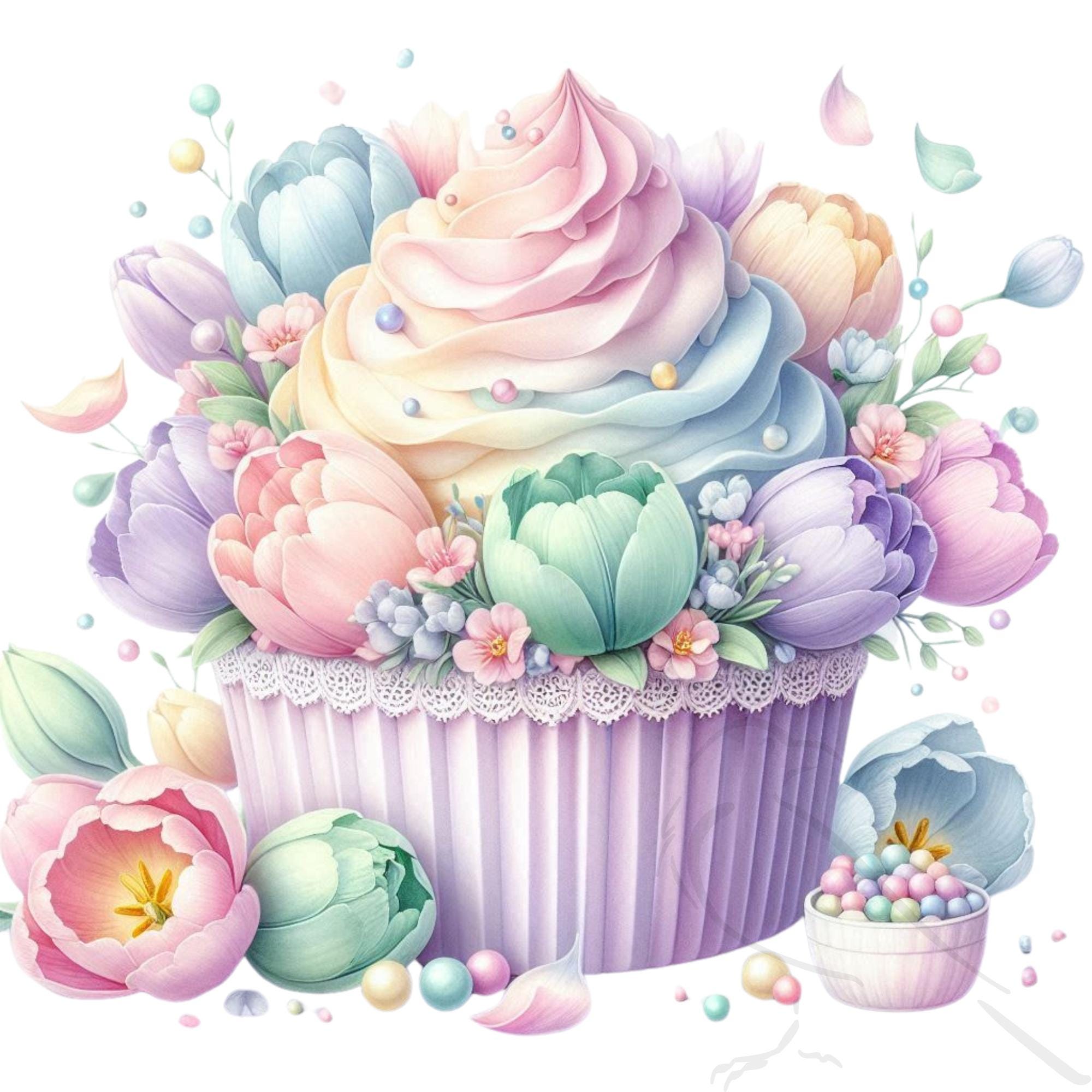 Floral Clipart, Spring Tulips, - Watercolor floral PNG - Watercolor Cupcake Clipart - Spring flowers - Set of 29, Transparent