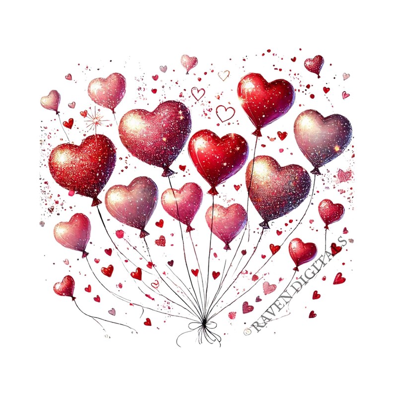 Watercolor Valentine Heart Balloons PNG Clipart (set of 14) (digital ...