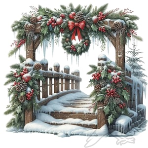 Puede incluir: Ilustración en acuarela de un puente de madera cubierto de nieve decorado para Navidad. El puente está adornado con ramas de hoja perenne, bayas rojas, piñas y un lazo rojo. Carámbanos cuelgan del arco decorado y la nieve cubre el puente y el paisaje circundante.