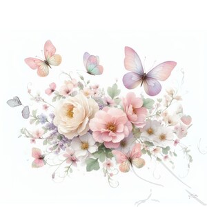 May include: A delicate bouquet of pink and white flowers with butterflies, painted in a watercolor style.
