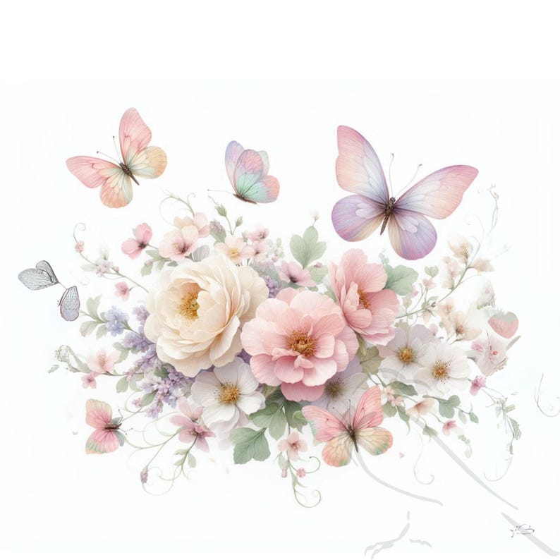 May include: A delicate bouquet of pink and white flowers with butterflies, painted in a watercolor style.