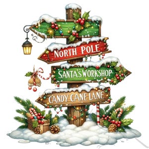 Könnte beinhalten: Ein weihnachtlicher Wegweiser mit Holzpfeilen, die zum Nordpol, zur Werkstatt des Weihnachtsmanns und zur Zuckerstangenallee weisen. Die Schilder sind mit Stechpalmen, Beeren und Schnee sowie einer Laterne und Lichterketten verziert.