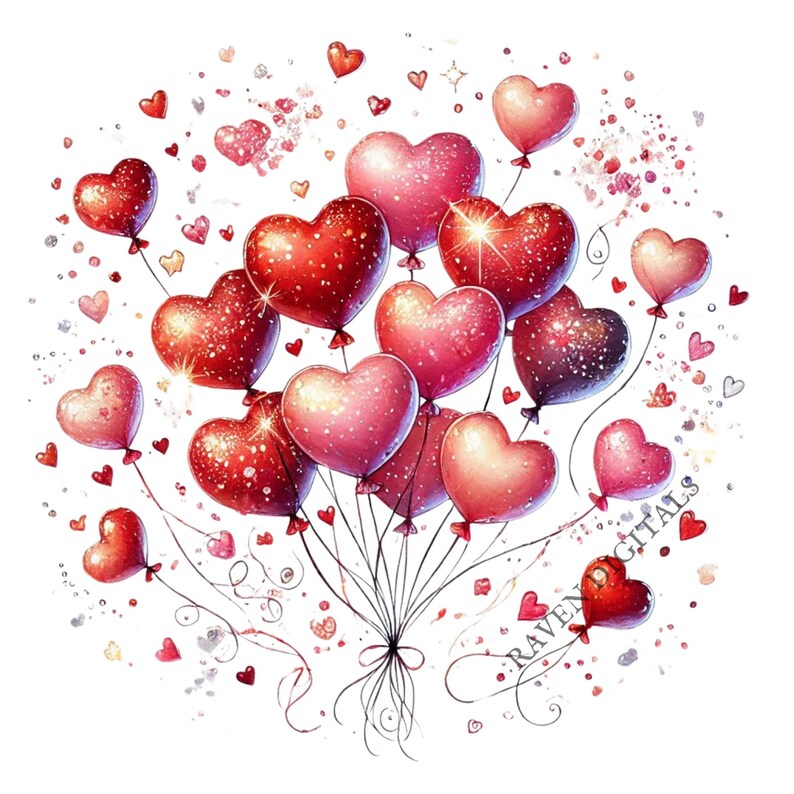 Watercolor Valentine Heart Balloons PNG Clipart (set of 14) (digital ...