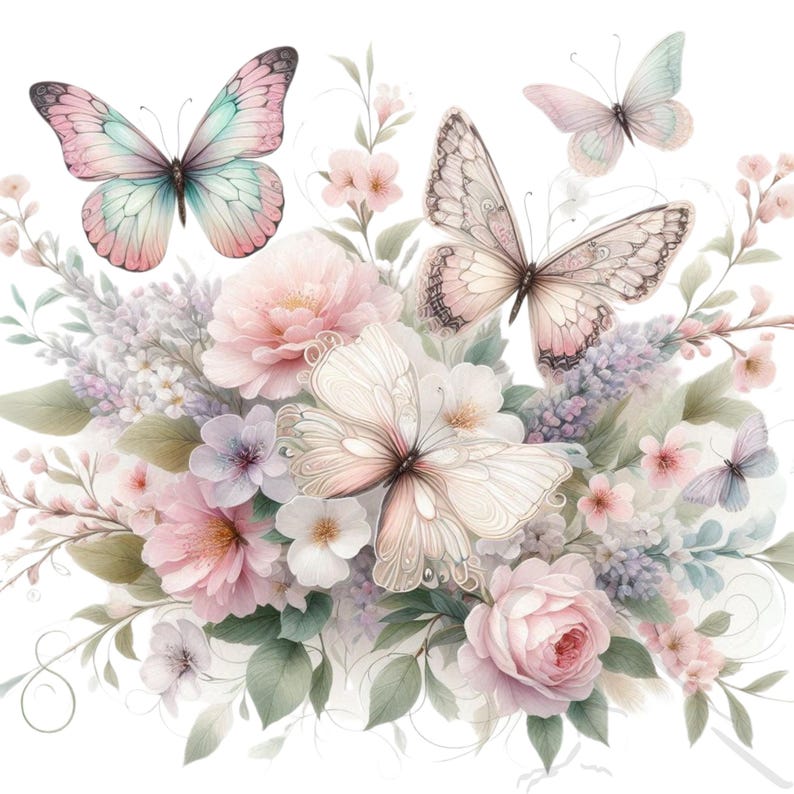 May include: A delicate watercolor painting of a bouquet of pink and white flowers with three butterflies. The butterflies are in shades of pink, white, and blue. The flowers are surrounded by green leaves.