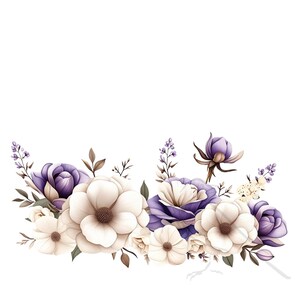 May include: A floral arrangement featuring white and purple flowers. The flowers are clustered together and have green leaves. The background is white.