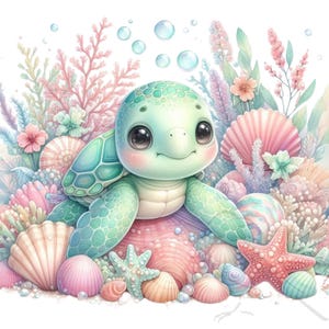 Meeresschildkröte - Unter dem Meer - Png - Sofort Download - Kinder Clipart - Transparente Hintergründe