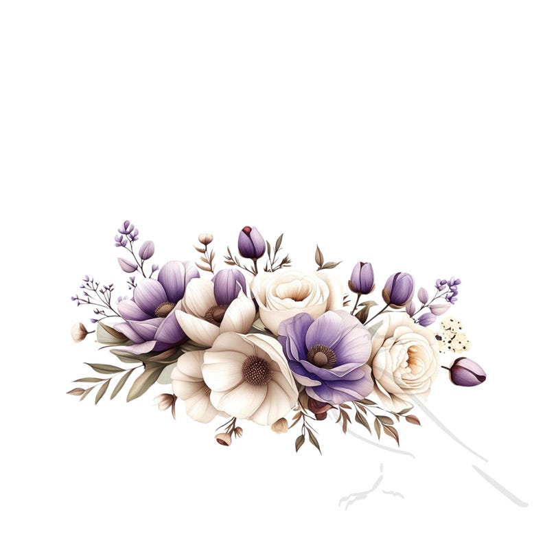 May include: A bouquet of white and purple flowers with green leaves. The flowers are arranged in a loose, natural style.