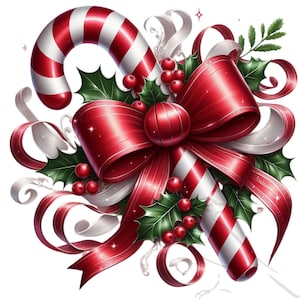 May include: A red and white candy cane with a red bow and holly leaves. The candy cane is wrapped in a red ribbon with white accents.