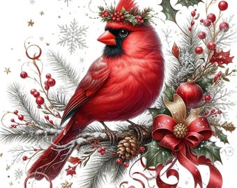 Christmas Cardinal Bird Clipart – Whimsical Watercolor Holiday PNG Set of 12 Transparent
