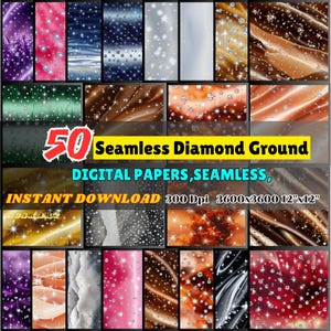 May include: A digital download of 50 seamless diamond ground digital papers. The papers are 3600x3600 pixels, 300 dpi, and 12 inches by 12 inches. The papers feature a variety of colors and patterns, including silver, gold, red, pink, blue, and green.