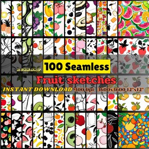 May include: A collage of 100 seamless fruit sketches in black and white and color. The text "100 Seamless Fruit Sketches" is in yellow letters on a red background. The text "INSTANT DOWNLOAD 300 Dpi 3600x3600 12"x12" is in black letters on a white background.