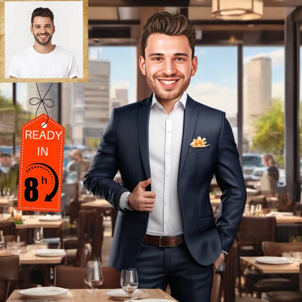 2 Custom Restaurant owner caricature. Cartoon restaurant boss. Boss Portrait.  personalized Caricature portrait. Restaurant cartoon logo.