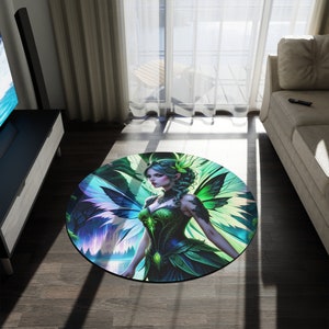 May include: A round rug with a green and blue fairy with wings. The fairy is wearing a green dress and has long green hair. The background is a dark forest with a lake and stars.